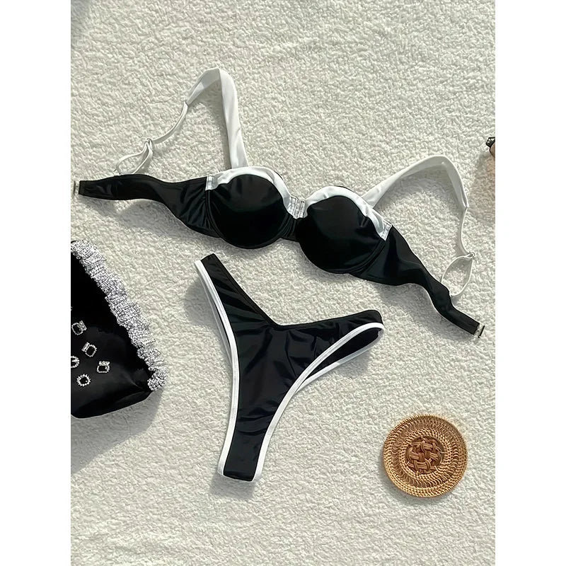 Black White Patchwork Micro Bikini Push Up Underwire Bra High Waist Swimsuit Beach Bathing Suit 2 Piece Swimwear