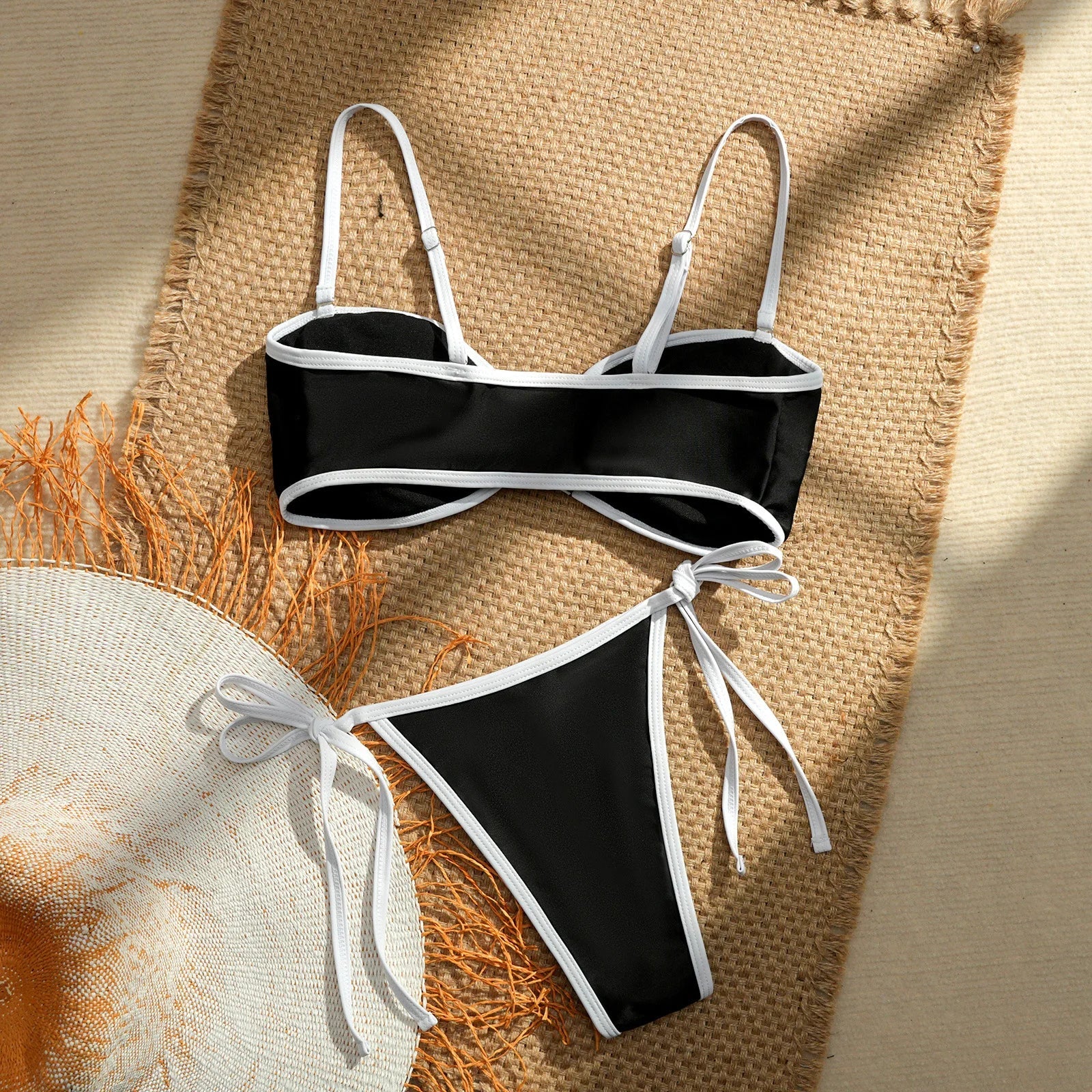 Black White Patchwork Micro Mini Bikini Metal Shell Ornament Push Up Thong Swimsuit Beach Bathing Suit Swimwear