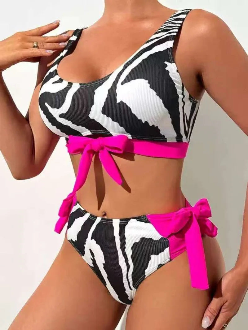 Black Zebra Print Bow Patchwork Bikini Set