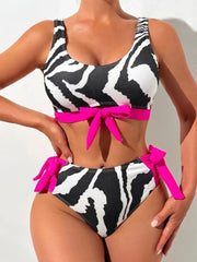 Black Zebra Print Bow Patchwork Bikini Set