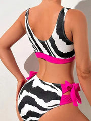 Black Zebra Print Bow Patchwork Bikini Set