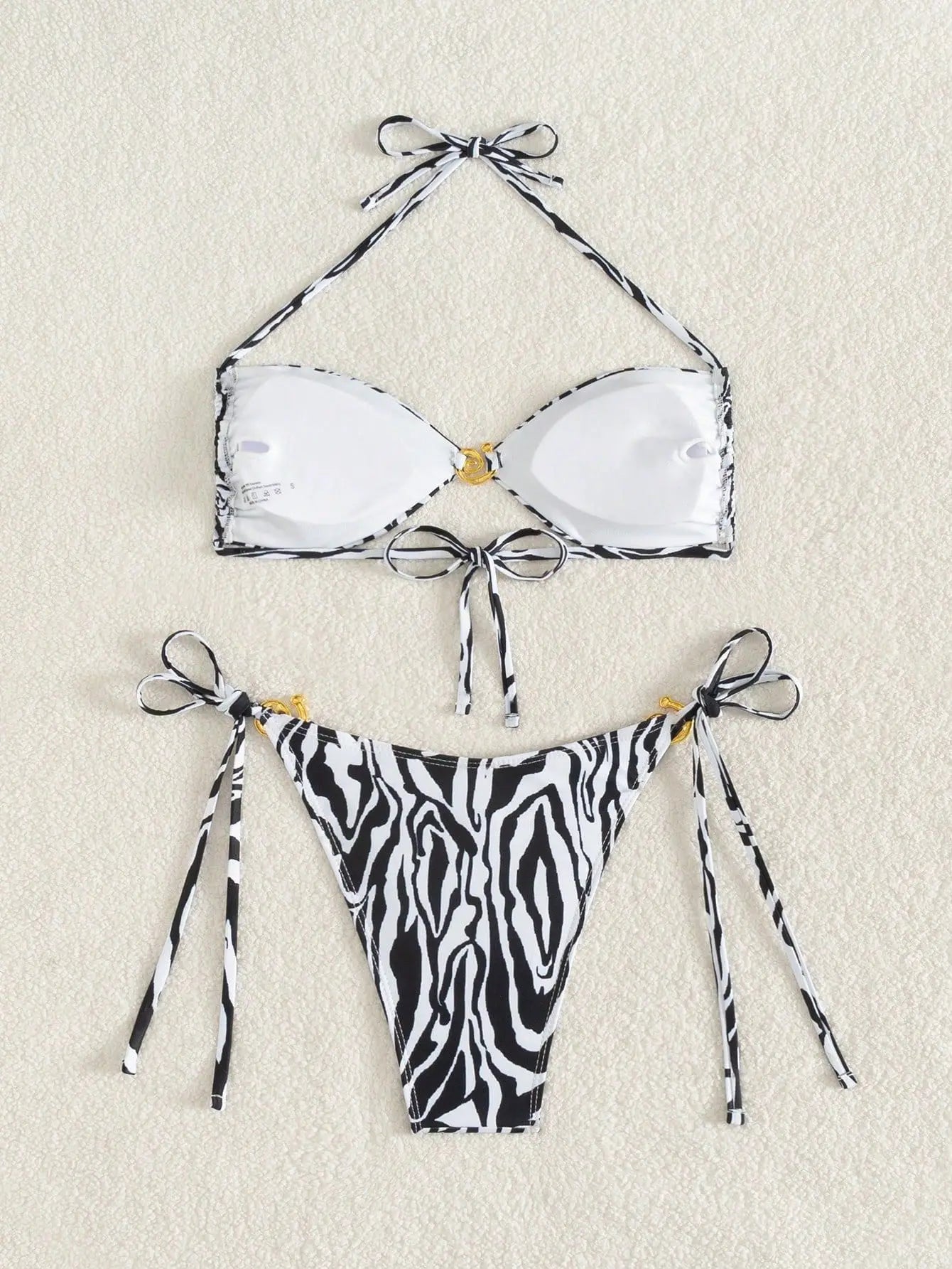 Black Zebra Print Micro Bikini Front Buckle Push Up Tie Side Thong Swimsuit Bathing Suit