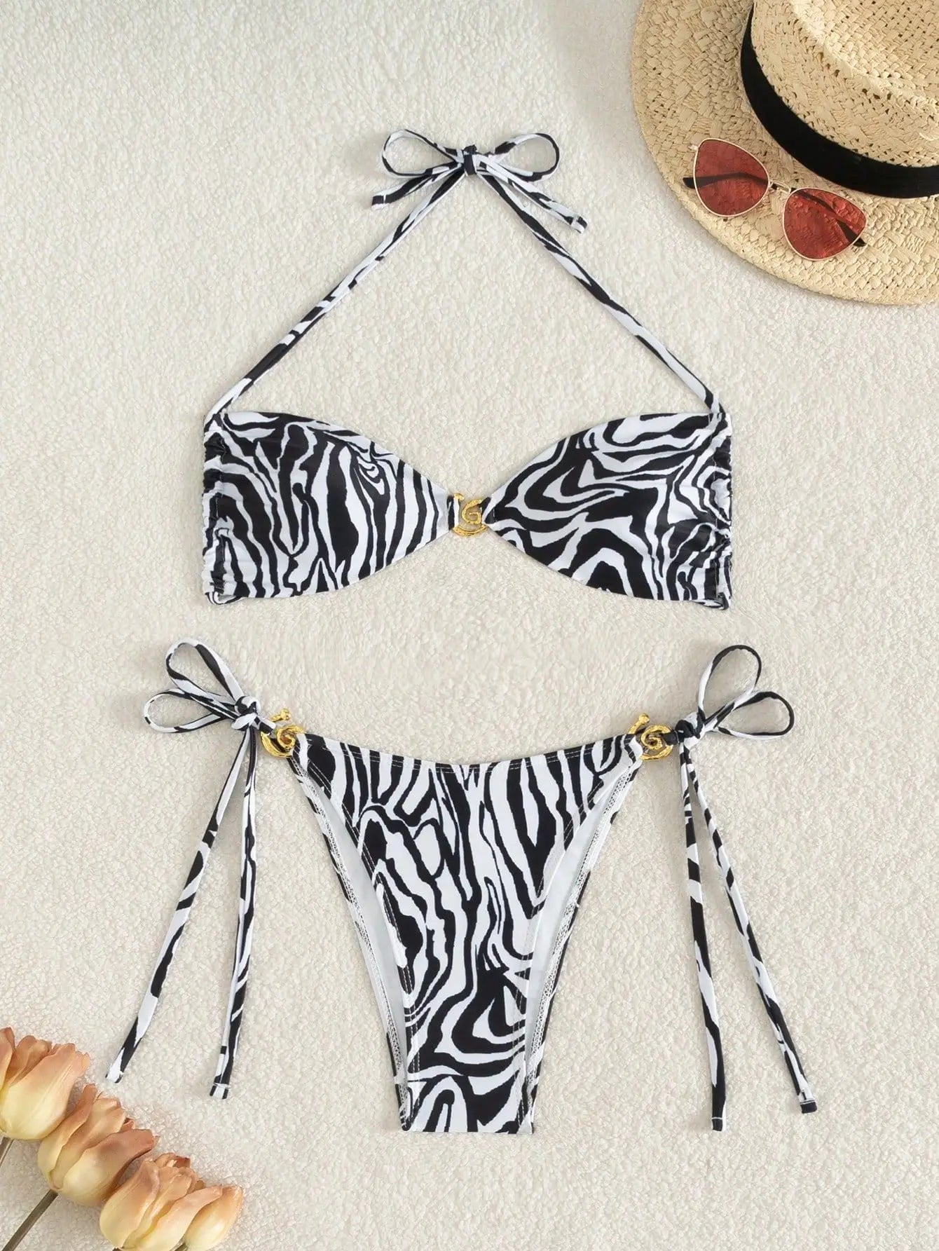 Black Zebra Print Micro Bikini Front Buckle Push Up Tie Side Thong Swimsuit Bathing Suit