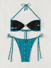 Black Zebra Print Micro Bikini Front Buckle Push Up Tie Side Thong Swimsuit Bathing Suit