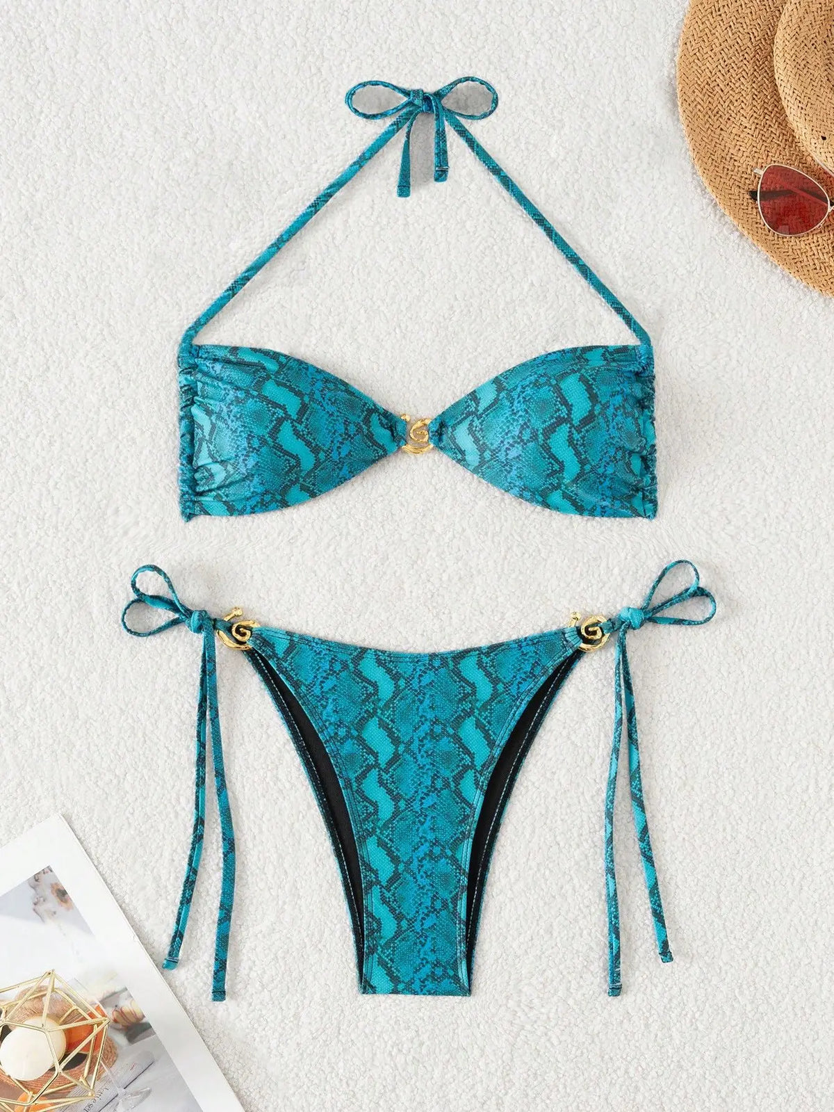 Black Zebra Print Micro Bikini Front Buckle Push Up Tie Side Thong Swimsuit Bathing Suit