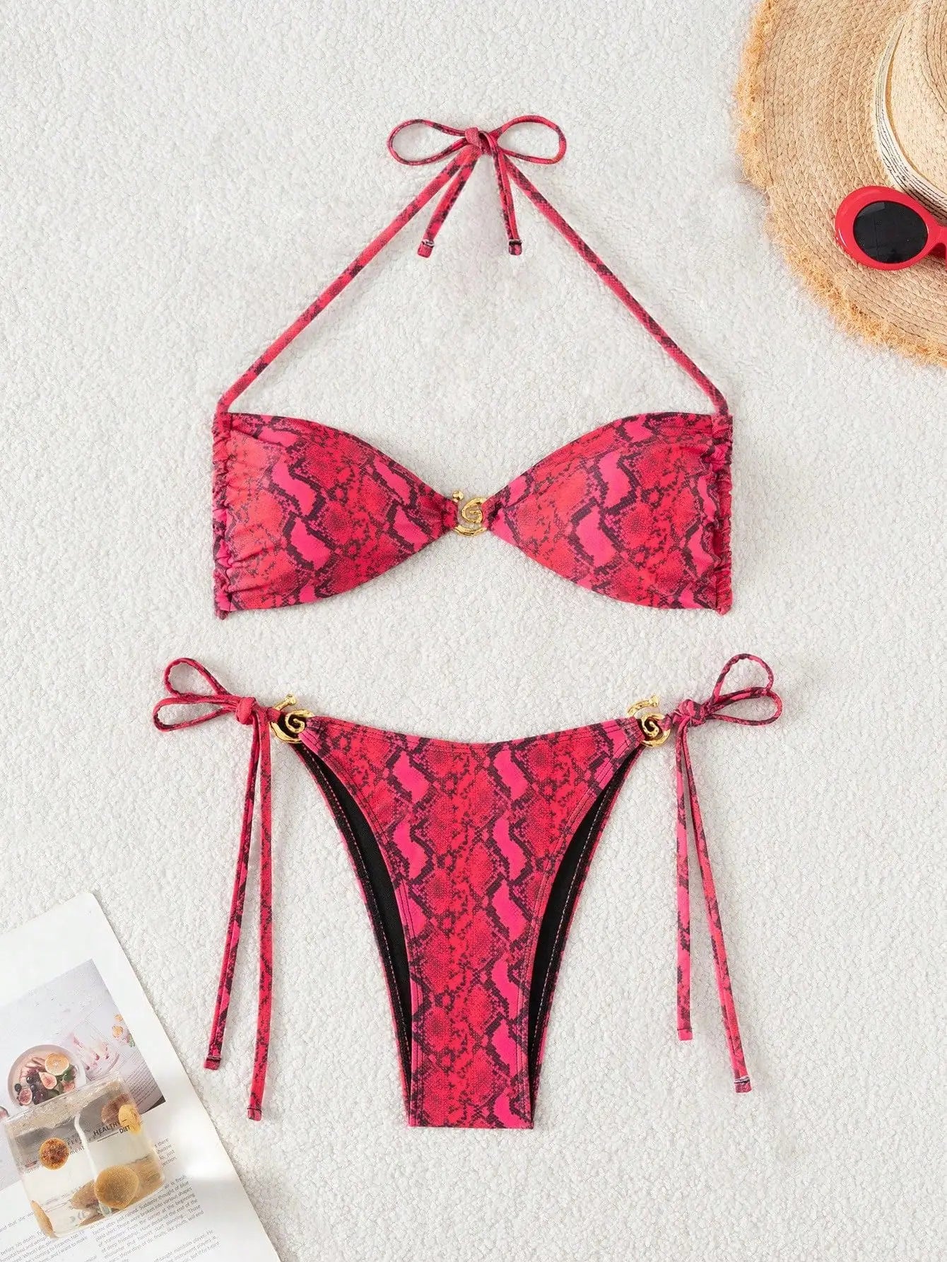 Black Zebra Print Micro Bikini Front Buckle Push Up Tie Side Thong Swimsuit Bathing Suit