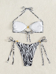 Black Zebra Print Micro Bikini Front Buckle Push Up Tie Side Thong Swimsuit Bathing Suit