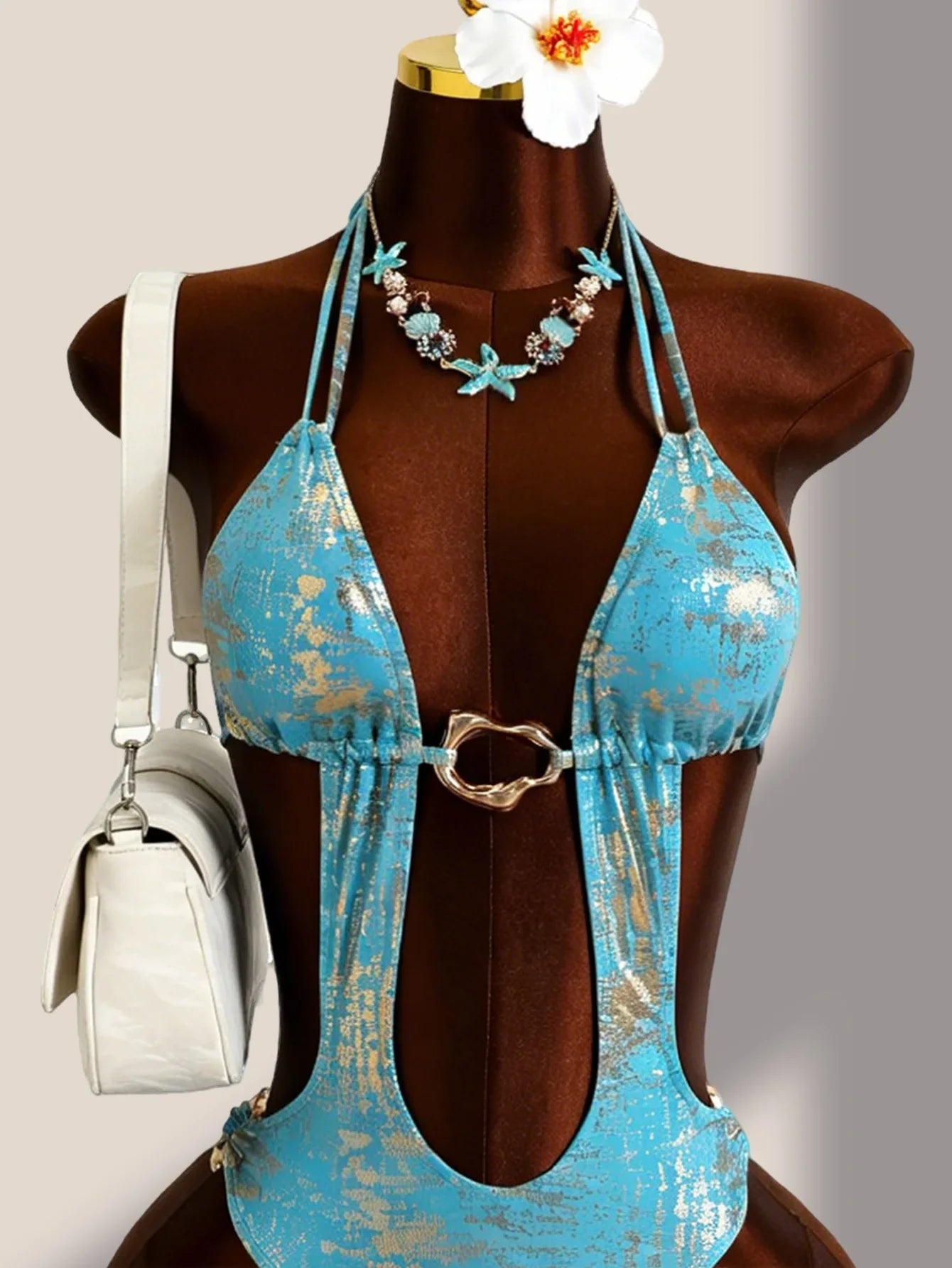 Blue Brozing Gradient One Piece Swimsuit Metal Chain Hollow Out Backless Bandage Thong Bikini