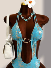 Blue Brozing Gradient One Piece Swimsuit Metal Chain Hollow Out Backless Bandage Thong Bikini