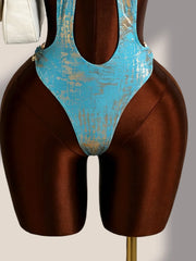 Blue Brozing Gradient One Piece Swimsuit Metal Chain Hollow Out Backless Bandage Thong Bikini