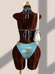 Blue Brozing Gradient One Piece Swimsuit Metal Chain Hollow Out Backless Bandage Thong Bikini