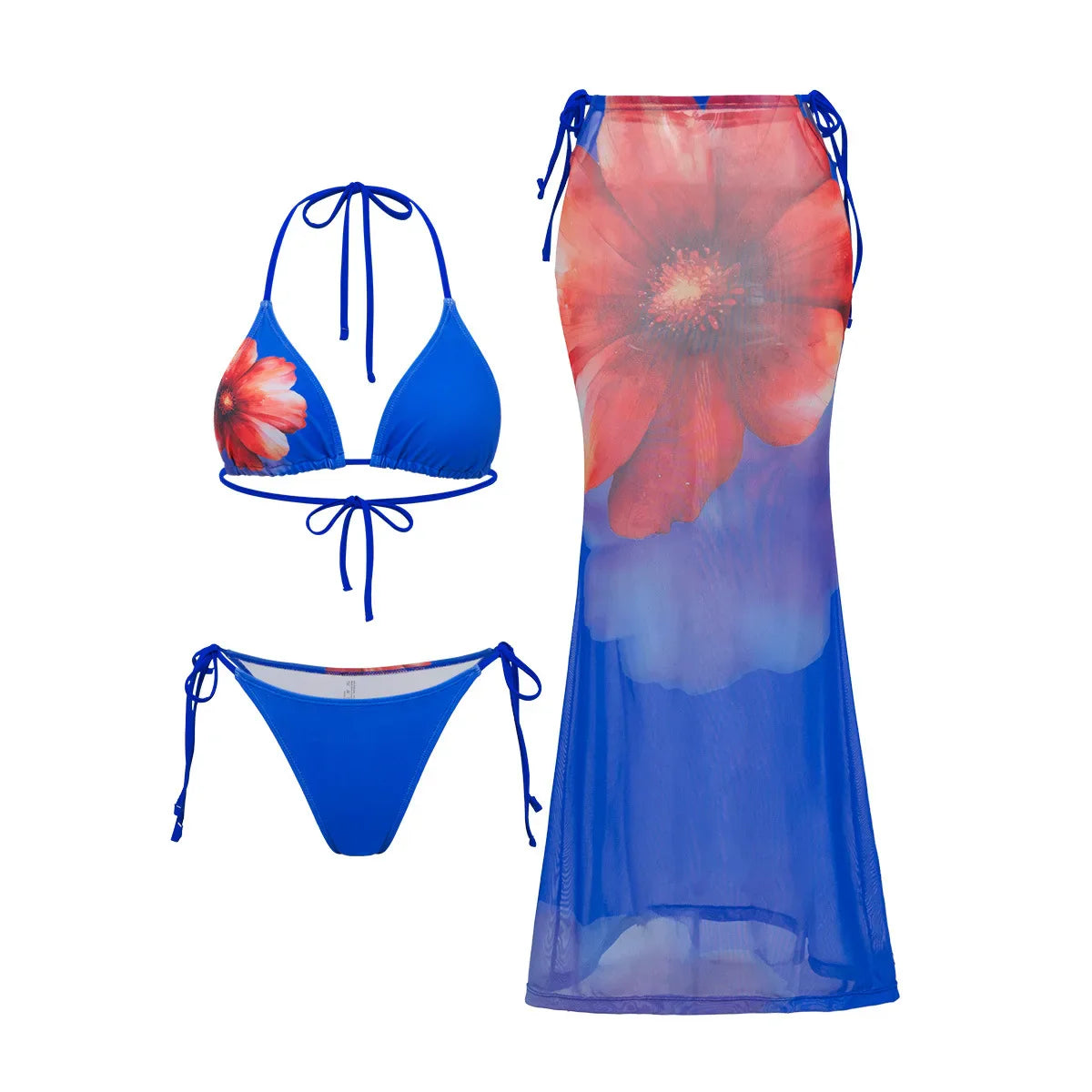 Blue Floral Print Bikinis Set