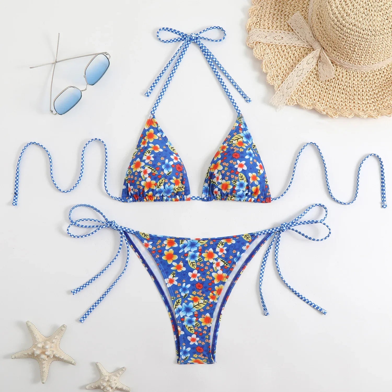 Blue Floral Print Bikinis Sets
