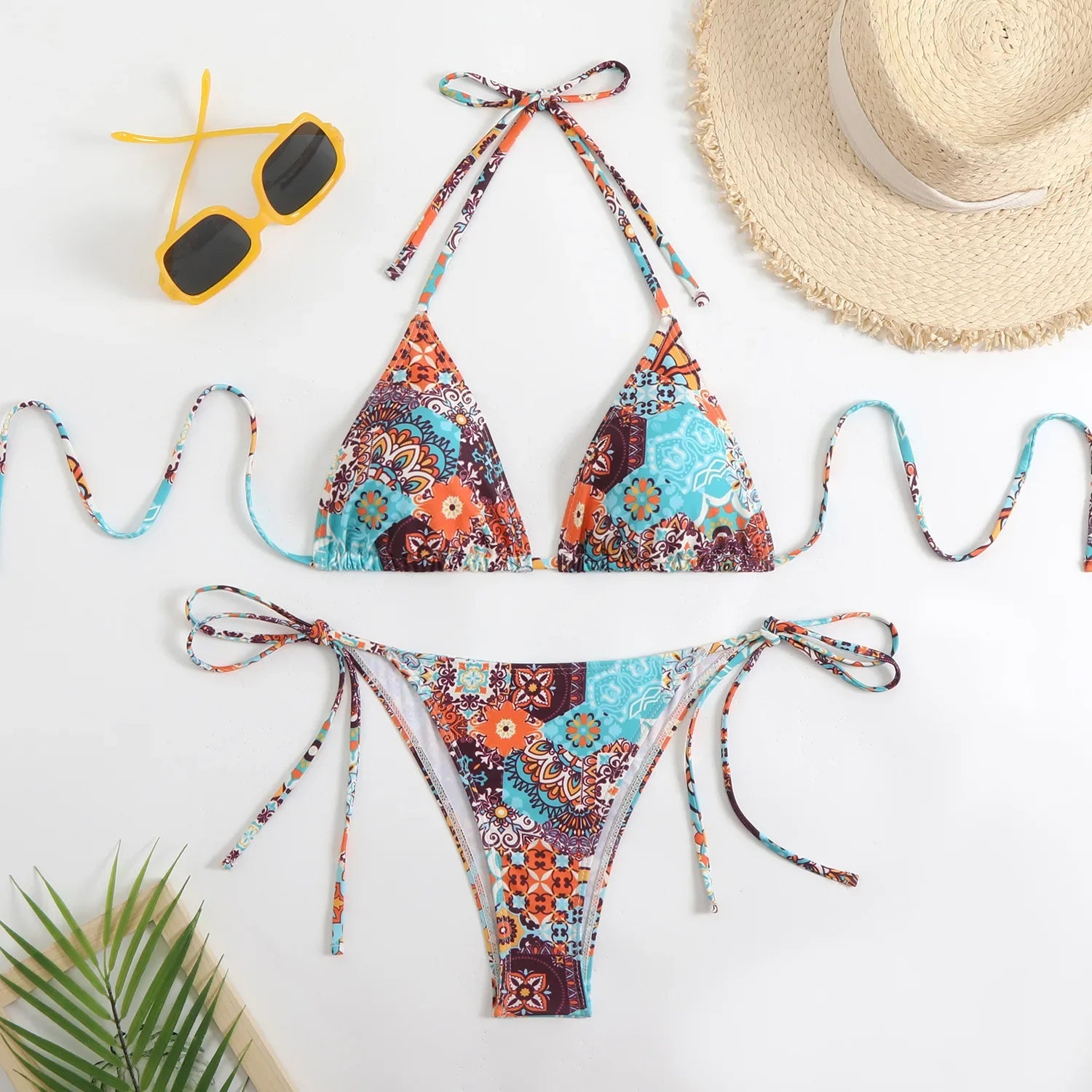 Blue Floral Print Bikinis Sets