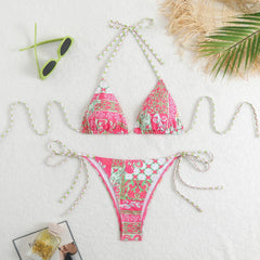 Blue Floral Print Bikinis Sets