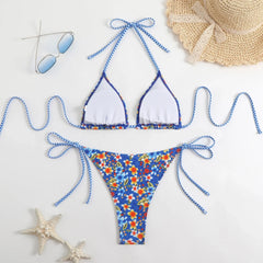 Blue Floral Print Bikinis Sets