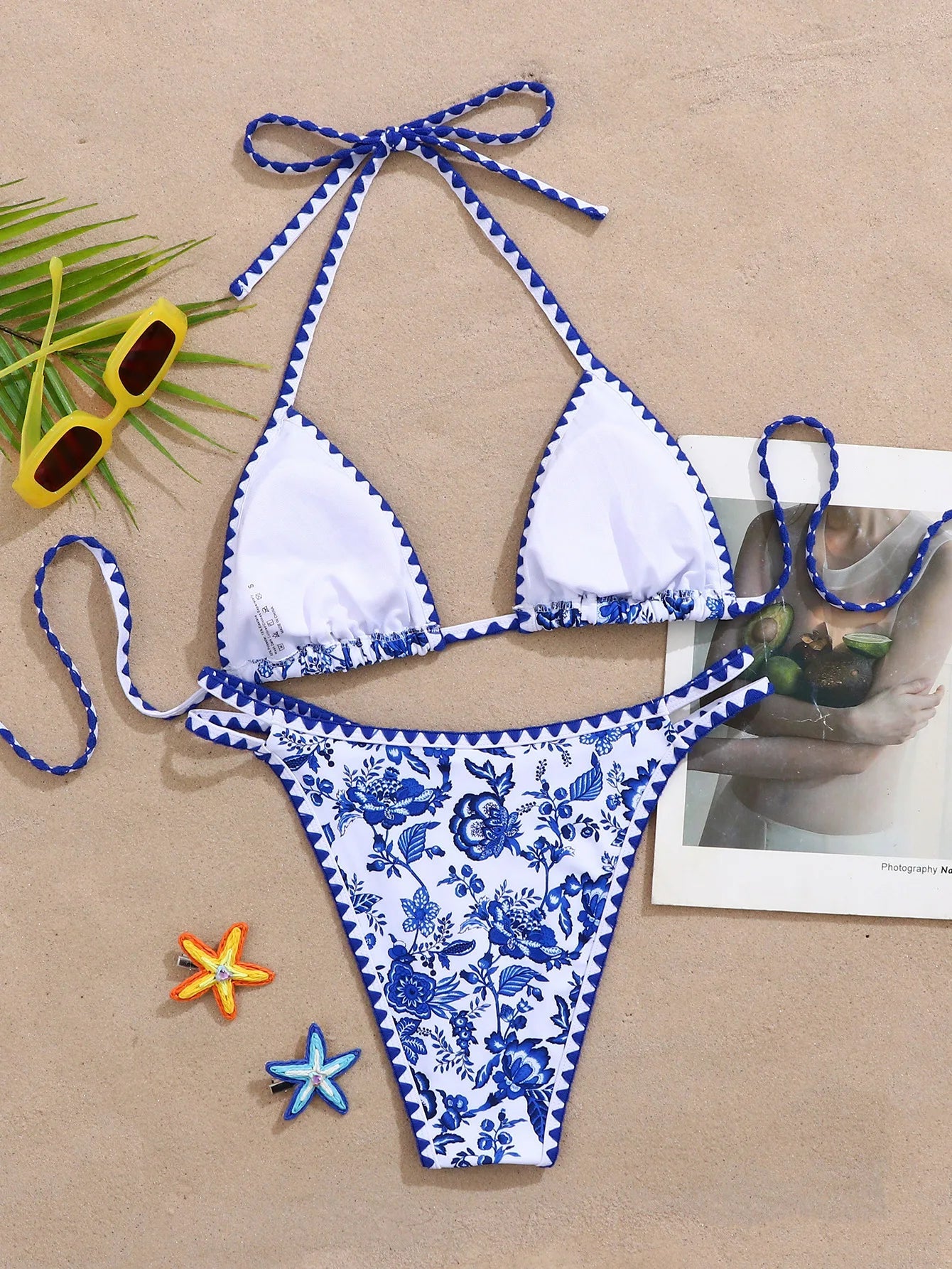 Blue Floral Print Micro Bikini Halter Push Up Bra Hollow Out Thong Swimsuit Beach Bathing Suit