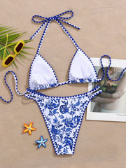 Blue Floral Print Micro Bikini Halter Push Up Bra Hollow Out Thong Swimsuit Beach Bathing Suit
