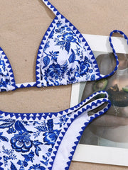 Blue Floral Print Micro Bikini Halter Push Up Bra Hollow Out Thong Swimsuit Beach Bathing Suit