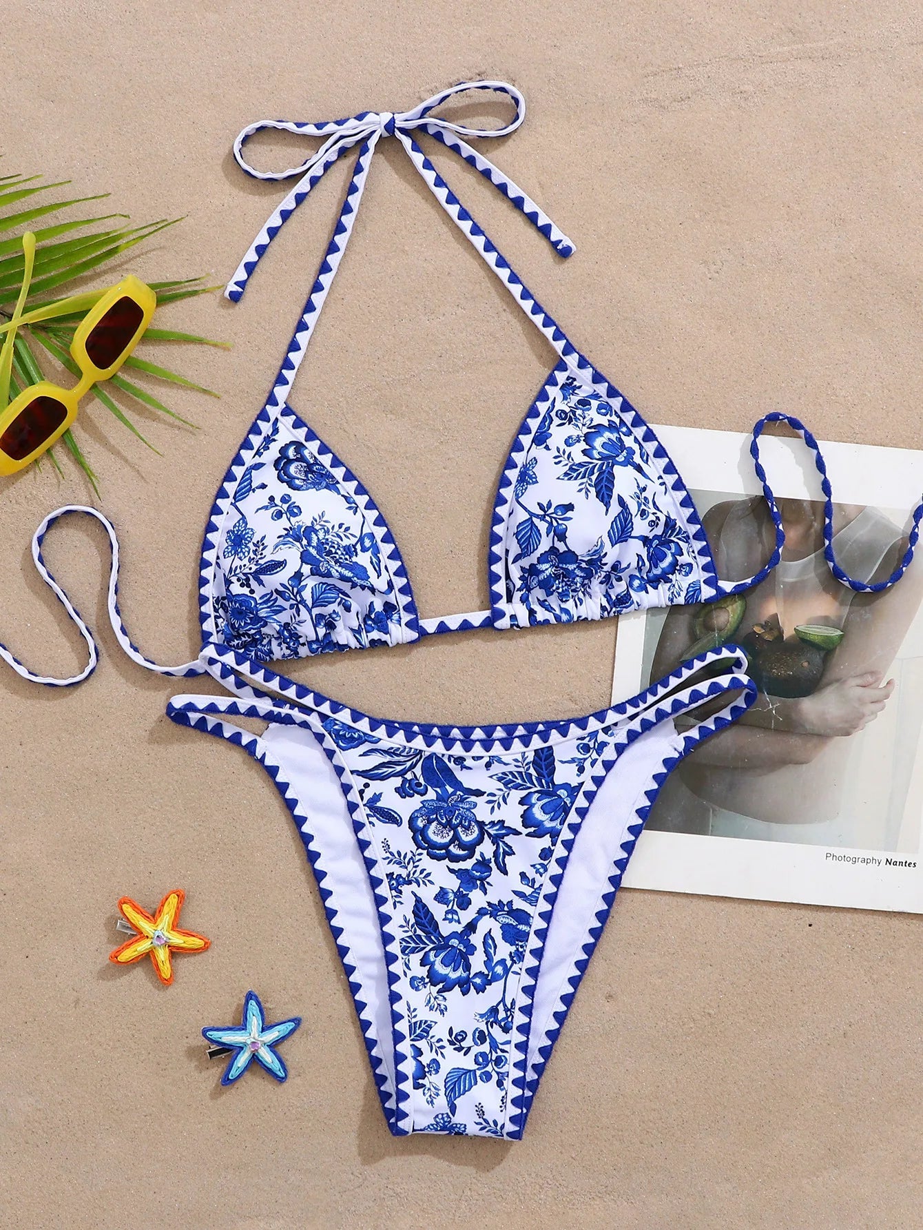 Blue Floral Print Micro Bikini Halter Push Up Bra Hollow Out Thong Swimsuit Beach Bathing Suit