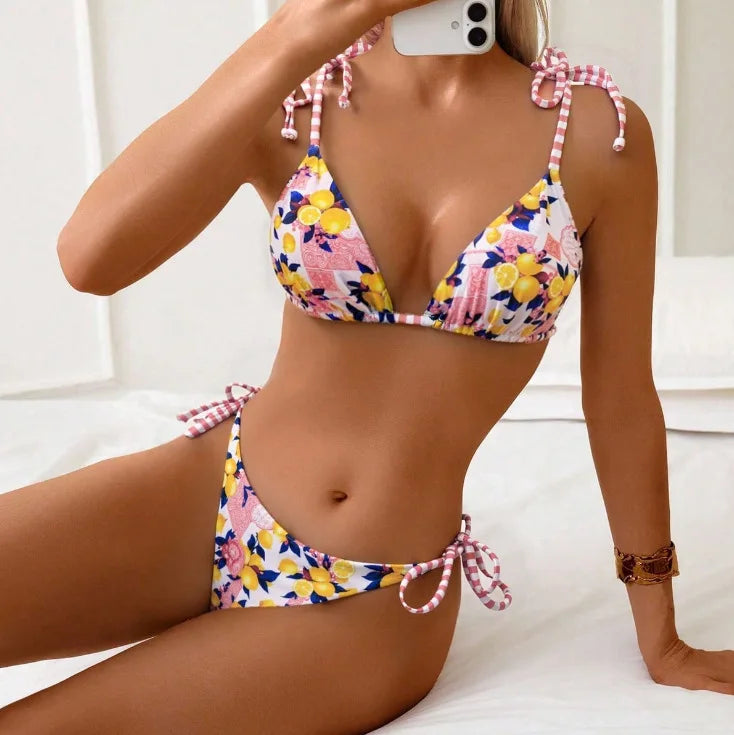 Blue Fruit Print Micro Bikini Tie Up Strap Push Up Triangle Swimsuit Beach Bathing Suit Holiday 2 Piece Swimwear