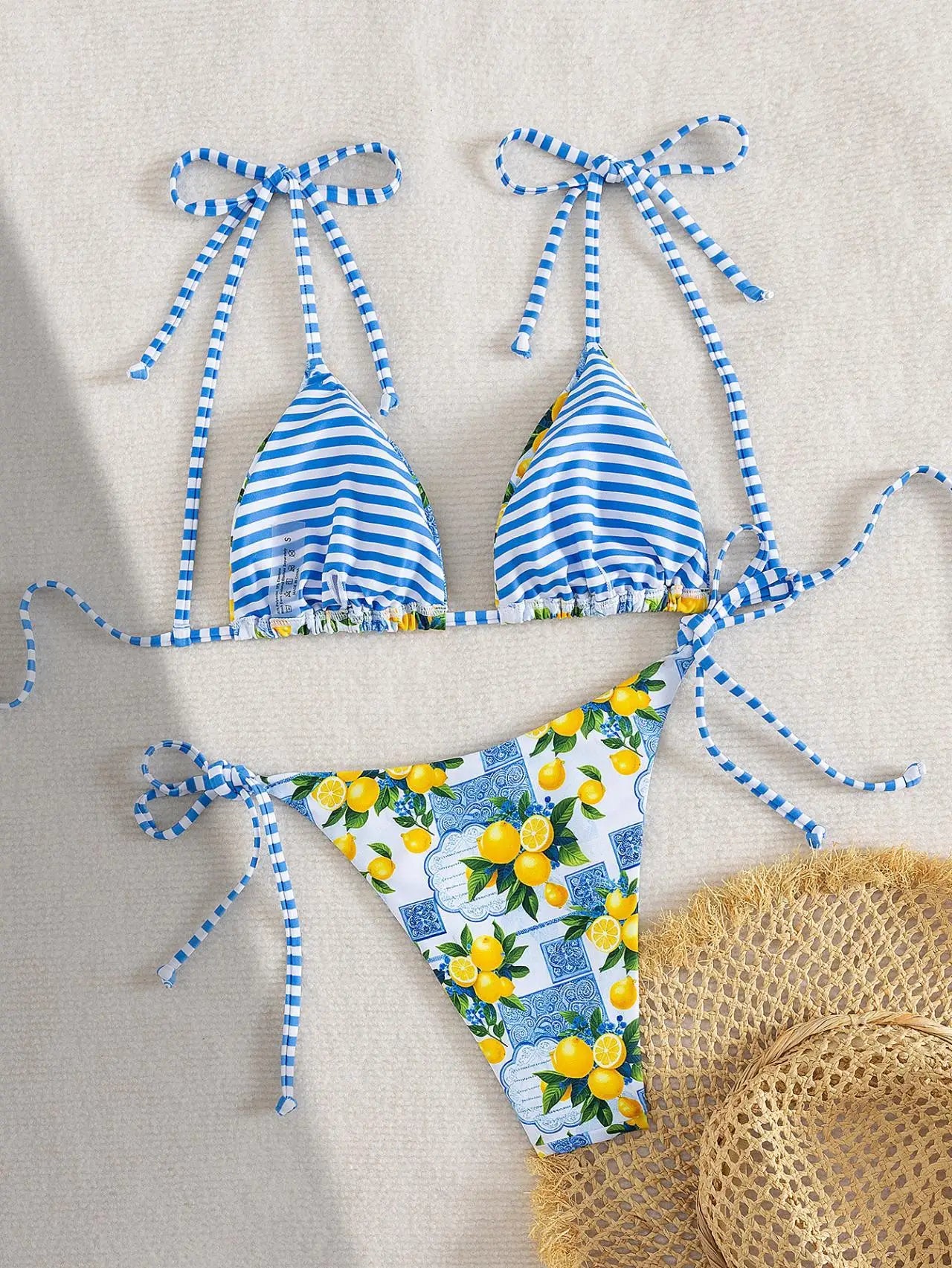 Blue Fruit Print Micro Bikini Tie Up Strap Push Up Triangle Swimsuit Beach Bathing Suit Holiday 2 Piece Swimwear