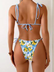 Blue Fruit Print Micro Bikini Tie Up Strap Push Up Triangle Swimsuit Beach Bathing Suit Holiday 2 Piece Swimwear
