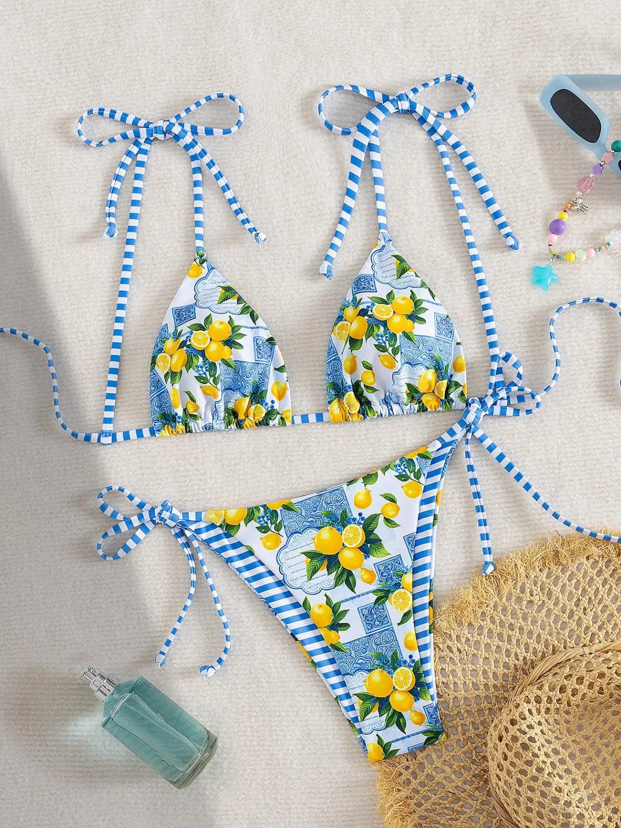 Blue Fruit Print Micro Bikini Tie Up Strap Push Up Triangle Swimsuit Beach Bathing Suit Holiday 2 Piece Swimwear