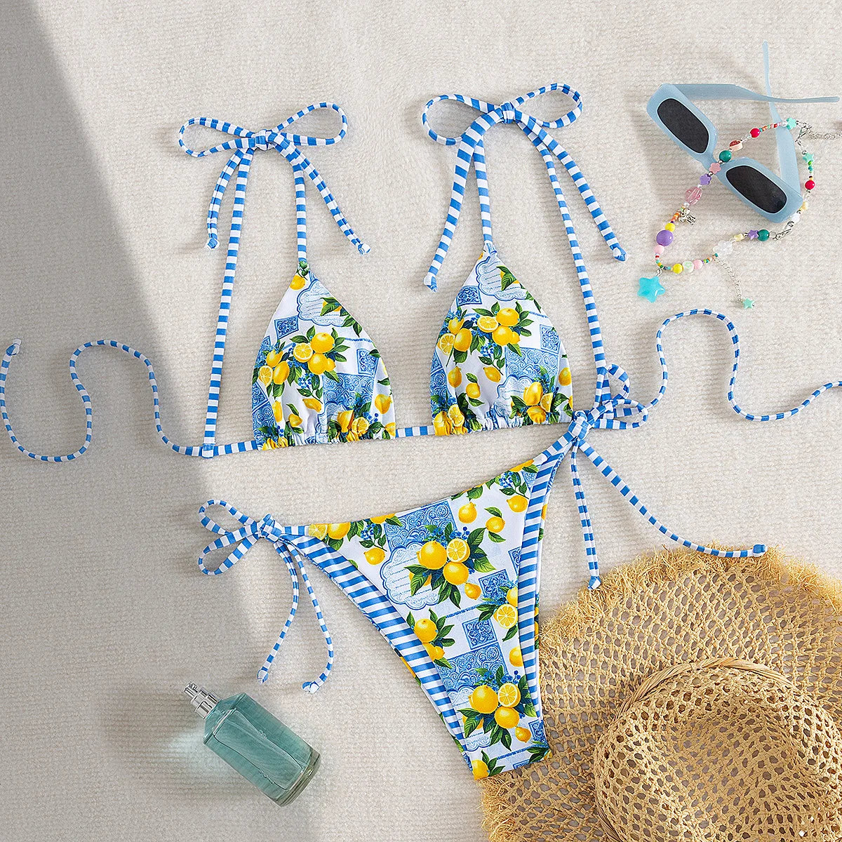Blue Fruit Print Micro Bikini Tie Up Strap Push Up Triangle Swimsuit Beach Bathing Suit Holiday 2 Piece Swimwear
