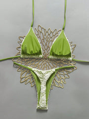 Blue Green Lace Patchwork Micro Bikini Halter Push Up Bra Thong Swimsuit Beach Bathing Suit Vacation Swimwear
