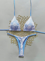 Blue Green Lace Patchwork Micro Bikini Halter Push Up Bra Thong Swimsuit Beach Bathing Suit Vacation Swimwear