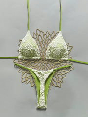 Blue Green Lace Patchwork Micro Bikini Halter Push Up Bra Thong Swimsuit Beach Bathing Suit Vacation Swimwear