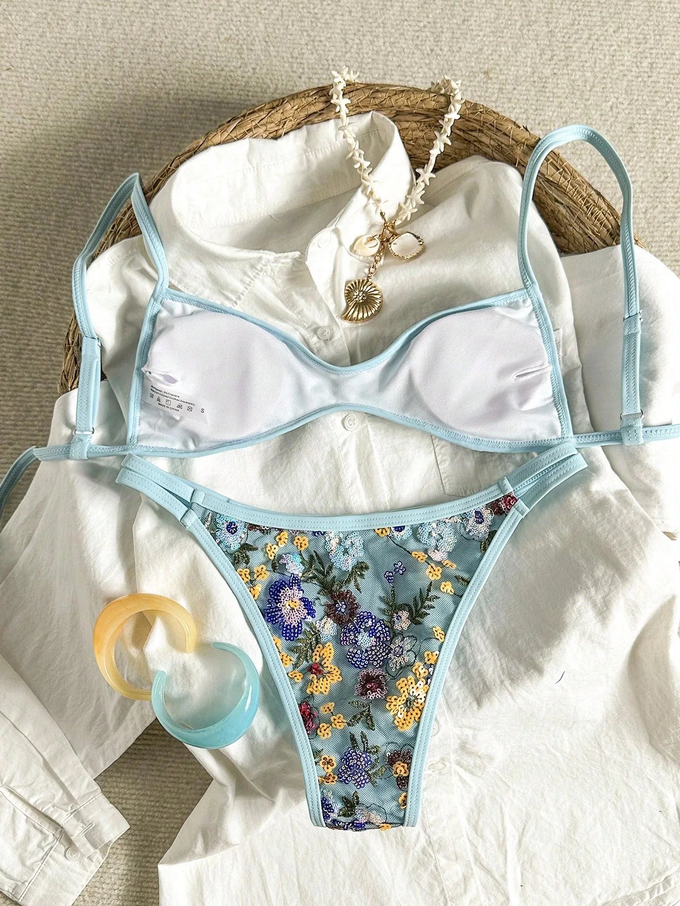 Blue Mesh Flower Embroidery Bikini Set