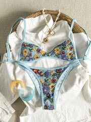 Blue Mesh Flower Embroidery Bikini Set