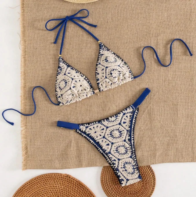 Blue Patchwork Knitted Bikini Set