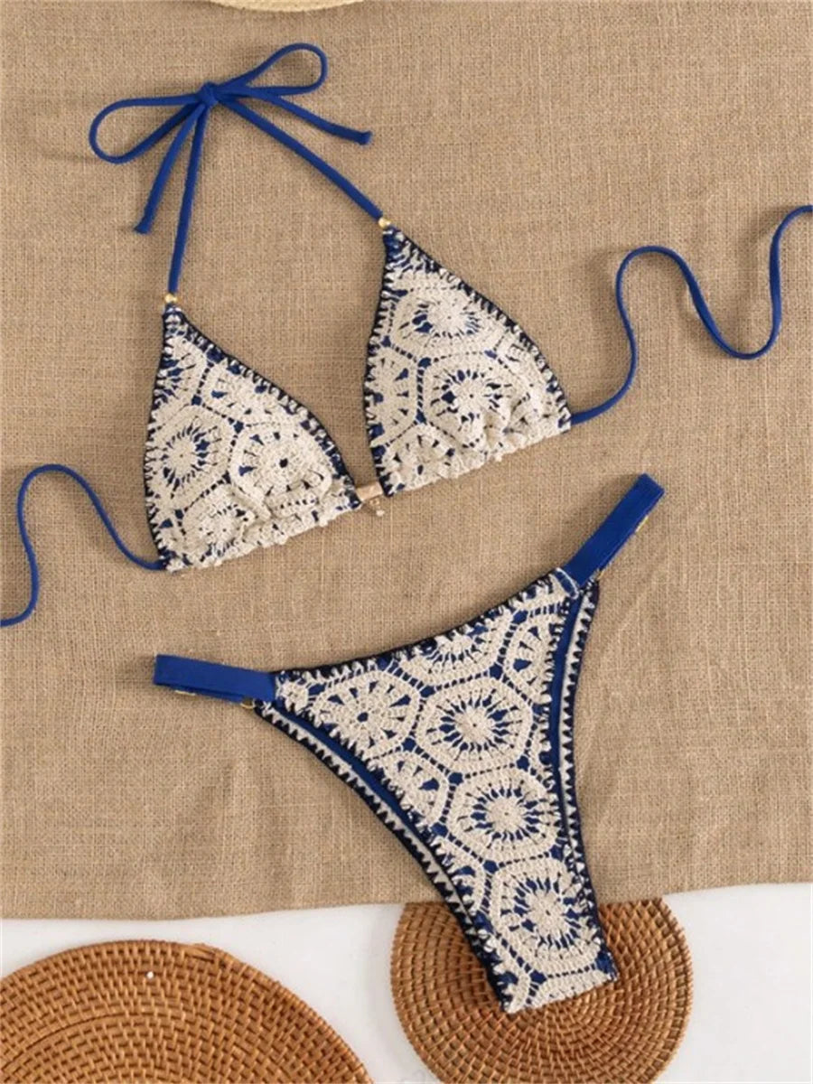 Blue Patchwork Knitted Bikini Set