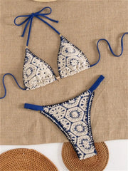 Blue Patchwork Knitted Bikini Set