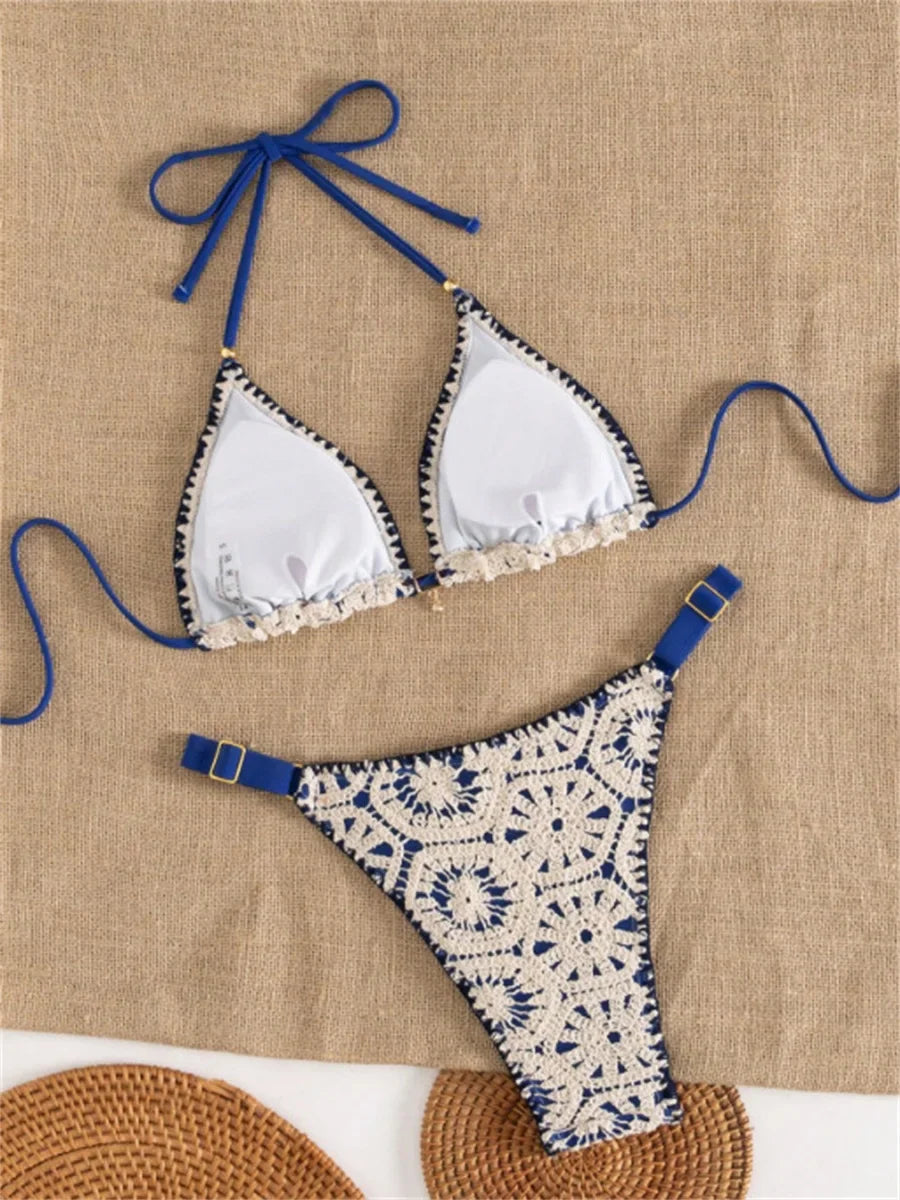 Blue Patchwork Knitted Bikini Set