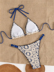 Blue Patchwork Knitted Bikini Set