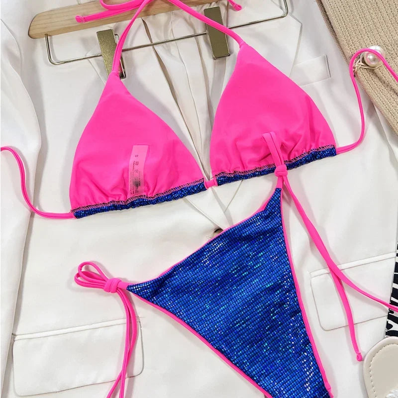 Blue Shiny Swimsuit 2 Piece Bikini Suspender Triangle Cup Swimwear Beach Bathing Suit Low Waist Thong Monokini