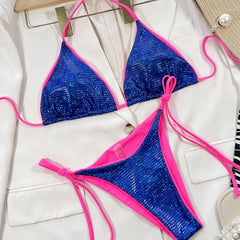 Blue Shiny Swimsuit 2 Piece Bikini Suspender Triangle Cup Swimwear Beach Bathing Suit Low Waist Thong Monokini