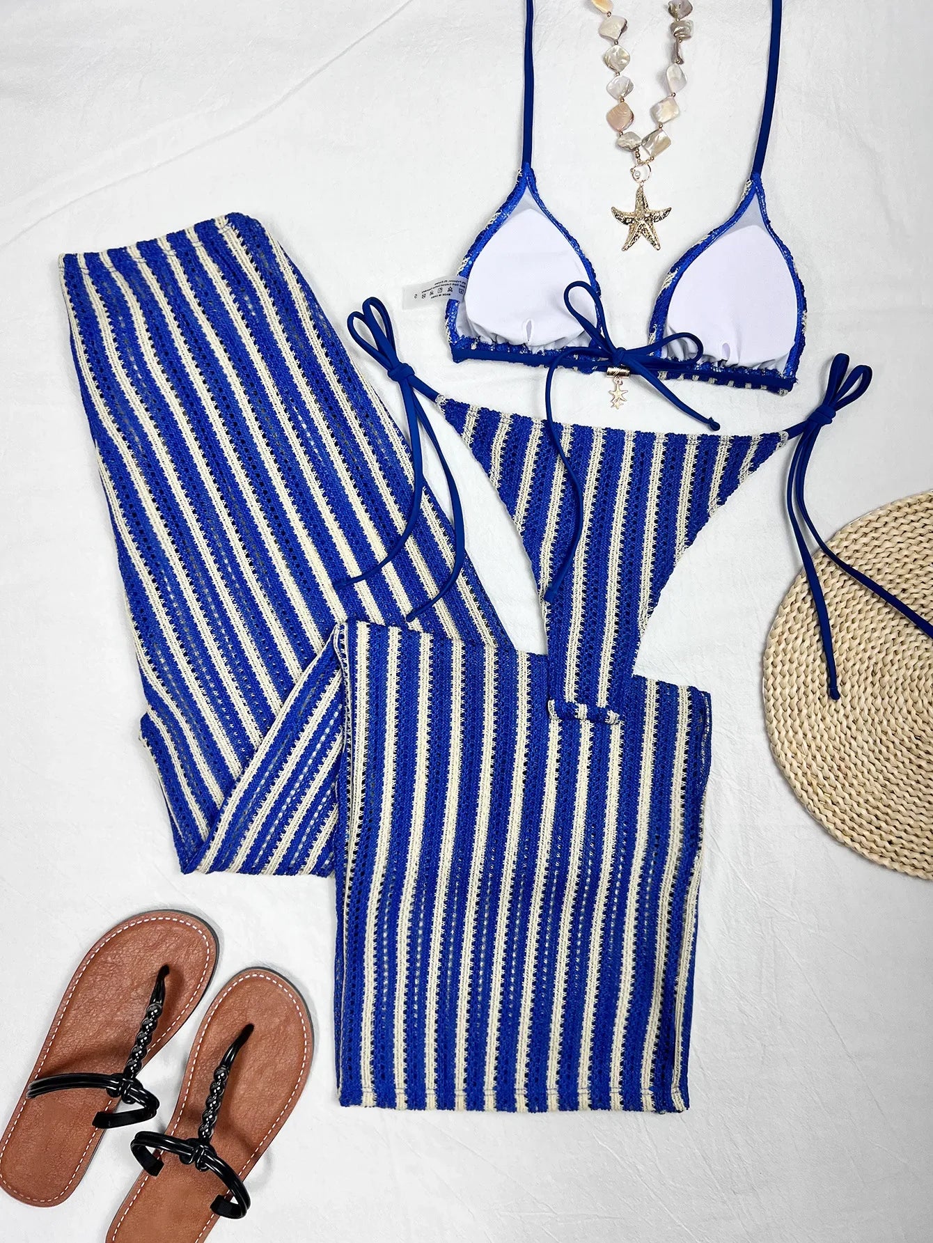 Blue Striped Bikini Drawstring High Waist Panties 3 Piece Swimsuit Bathing Suit Push Up
