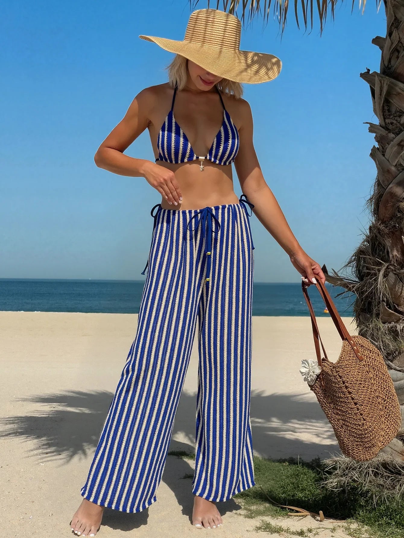 Blue Striped Bikini Drawstring High Waist Panties 3 Piece Swimsuit Bathing Suit Push Up