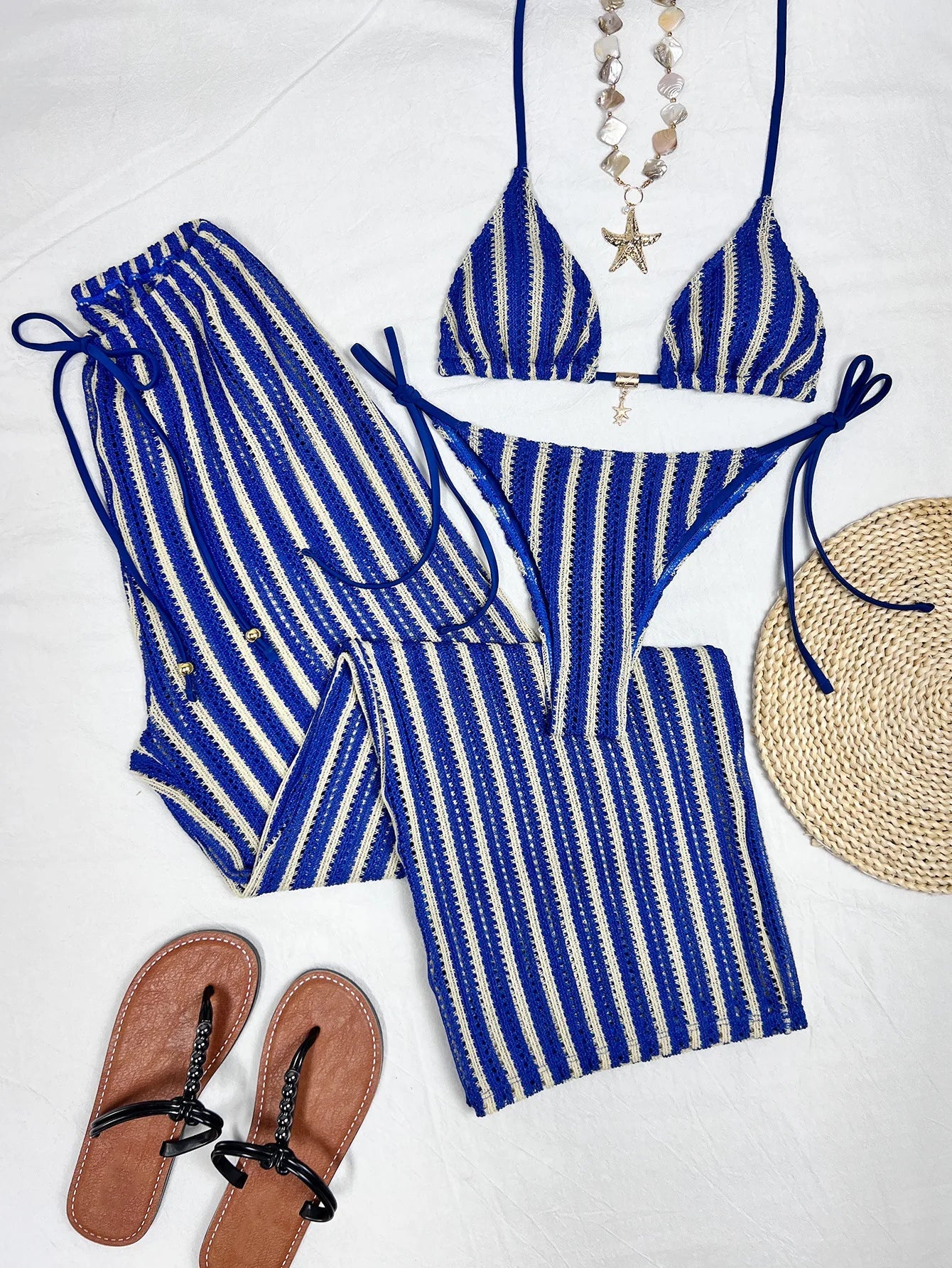 Blue Striped Bikini Drawstring High Waist Panties 3 Piece Swimsuit Bathing Suit Push Up