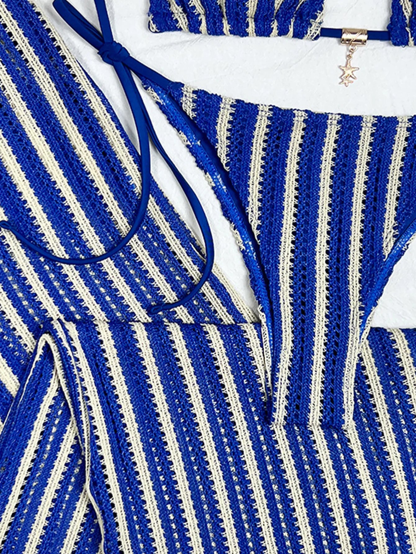 Blue Striped Bikini Drawstring High Waist Panties 3 Piece Swimsuit Bathing Suit Push Up