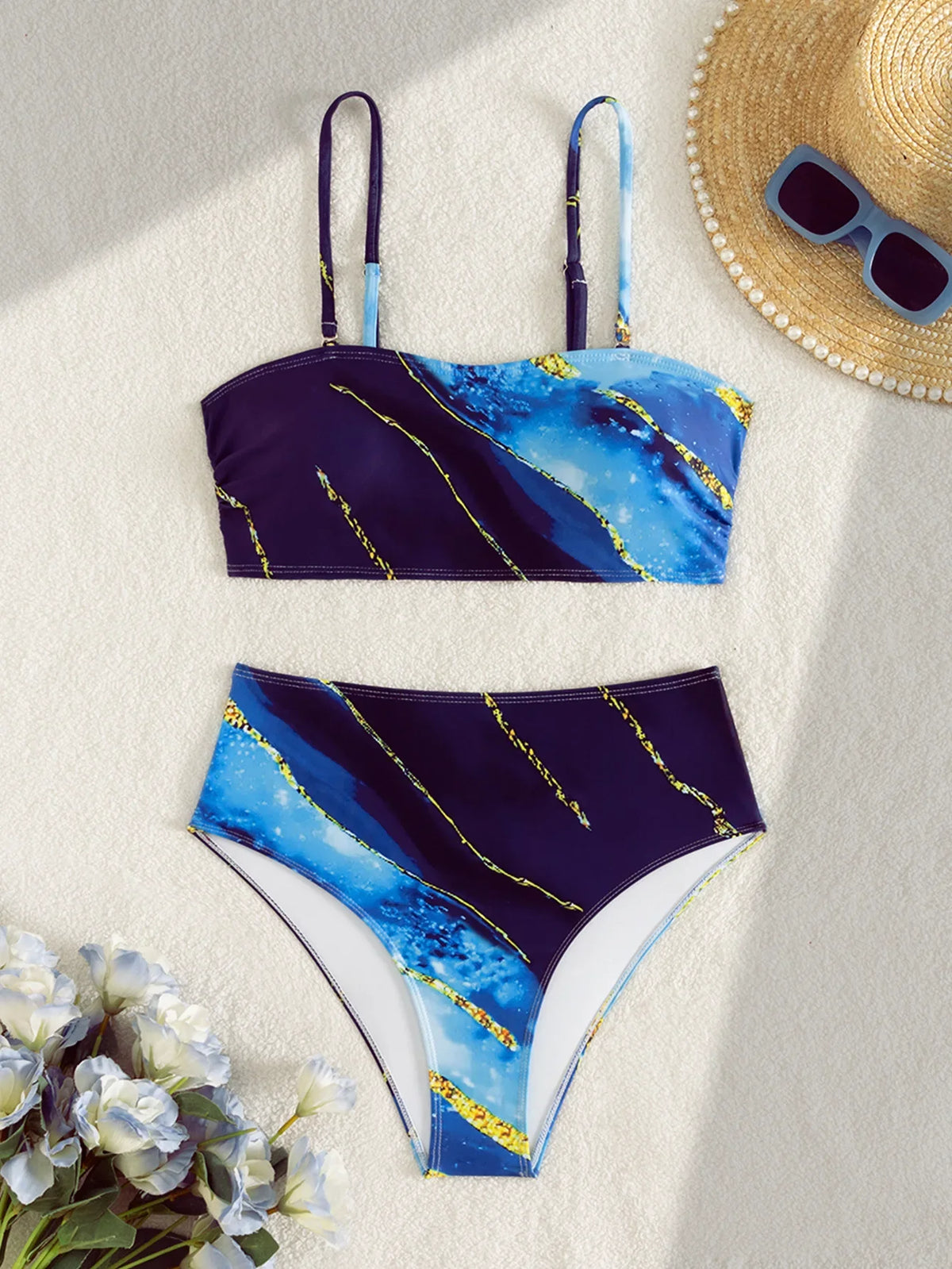 Blue Tie Dye Gradient Bikini Removable Shoulder Strap Push Up High Waist Swimsuit Beach Bathing Suit Swimwear