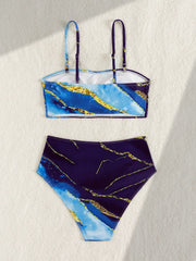 Blue Tie Dye Gradient Bikini Removable Shoulder Strap Push Up High Waist Swimsuit Beach Bathing Suit Swimwear