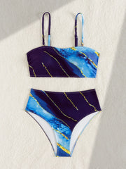 Blue Tie Dye Gradient Bikini Removable Shoulder Strap Push Up High Waist Swimsuit Beach Bathing Suit Swimwear