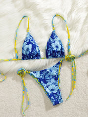 Blue Tie Dye Patchwork Micro Bikini Adjustable Strap Push Up Tie Side Thong Swimsuit Beach Bathing Suit Swimwear