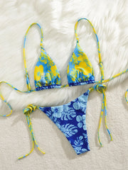 Blue Tie Dye Patchwork Micro Bikini Adjustable Strap Push Up Tie Side Thong Swimsuit Beach Bathing Suit Swimwear